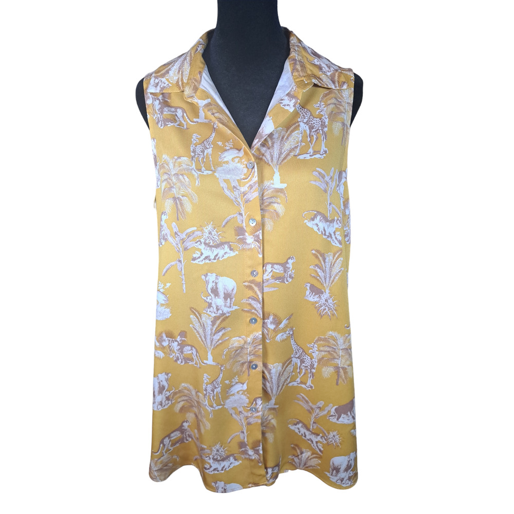 Rose + Olive Yellow Animal Safari Button Down Sleeveless Top Size Small